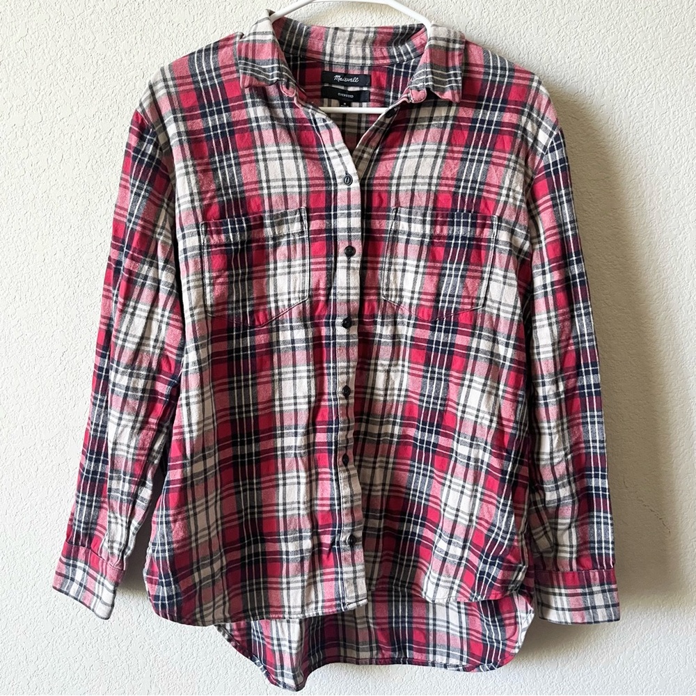 Madewell Red and White Plaid Button-Up Oversized Cotton Flannel Shirt M